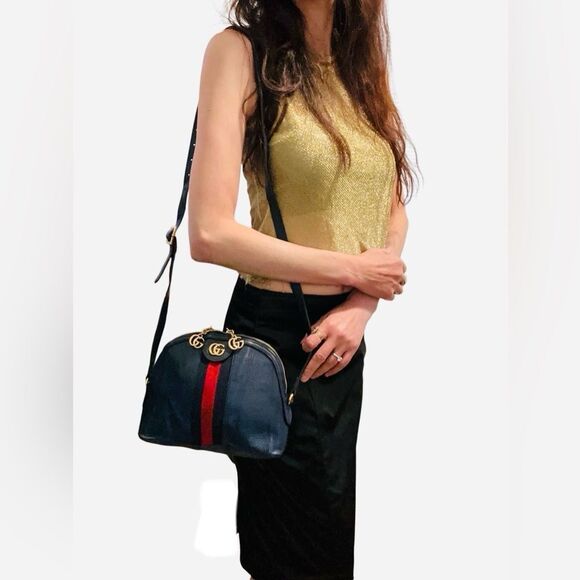 Gucci Navy Blue Leather Ophidia Dome Bag with Red Stripe - Picture 1 of 15